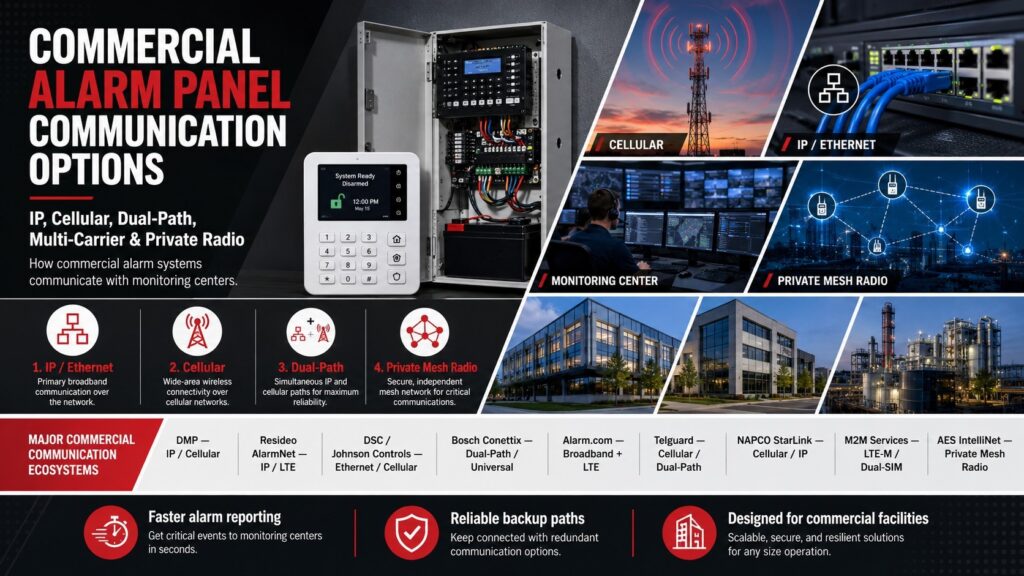 Commercial alarm panel communication options including IP/Ethernet, cellular, dual-path, private mesh radio, monitoring center connectivity, and major commercial communicator platforms.