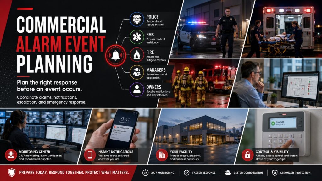 Commercial alarm event planning showing coordinated response by police, EMS, fire departments, managers, owners, monitoring centers, and real-time security notifications.