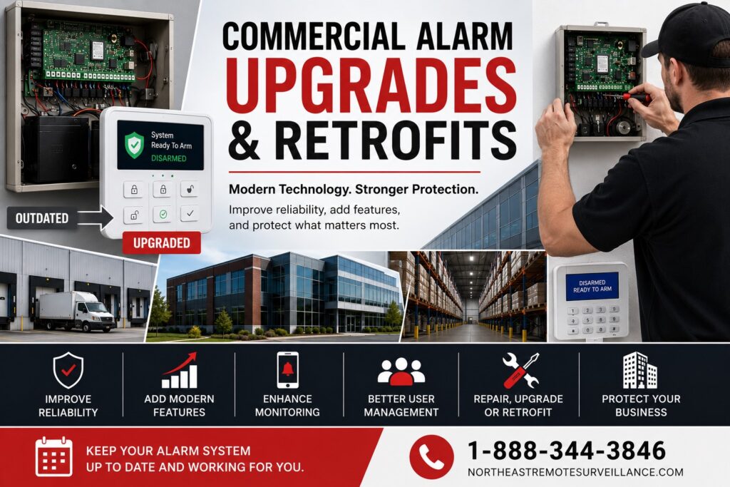 Commercial alarm system upgrades and retrofits showing legacy alarm panels, modern keypads, technician service, warehouse and office applications, improved monitoring, and system modernization.