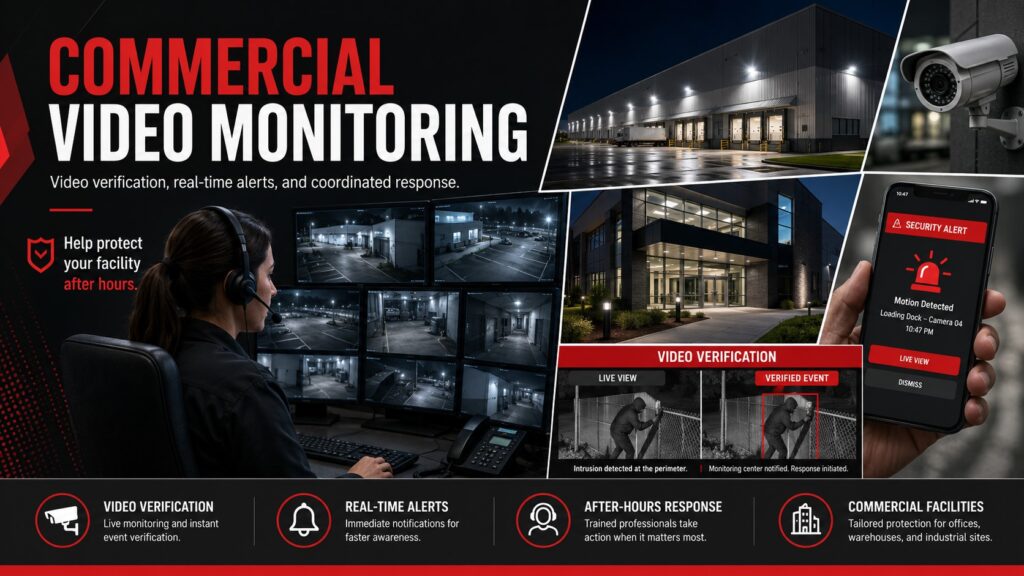 Commercial video monitoring with live operator surveillance, video verification, real-time security alerts, after-hours response, and protection for warehouses, offices, and industrial facilities.