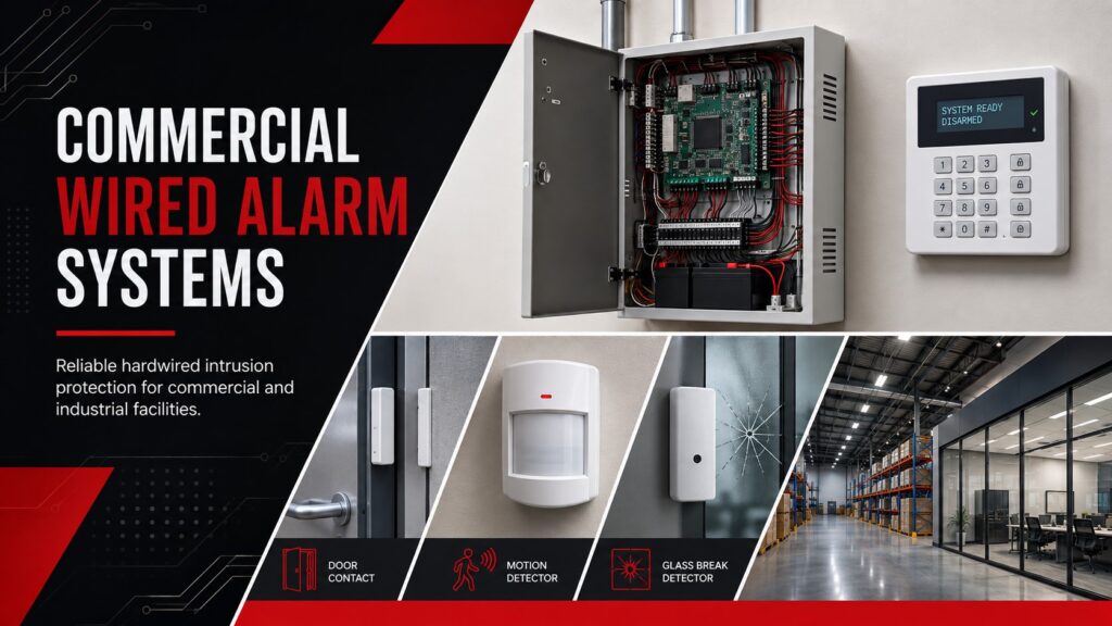 Commercial wired alarm systems with hardwired control panel, keypad, door contact, motion detector, glass break detector, and warehouse intrusion protection.