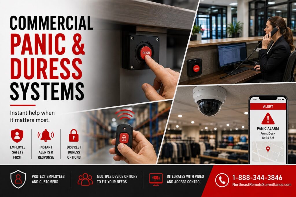 Commercial panic and duress alarm systems with fixed panic button, wireless panic device, front desk protection, video surveillance integration, and emergency alert monitoring.